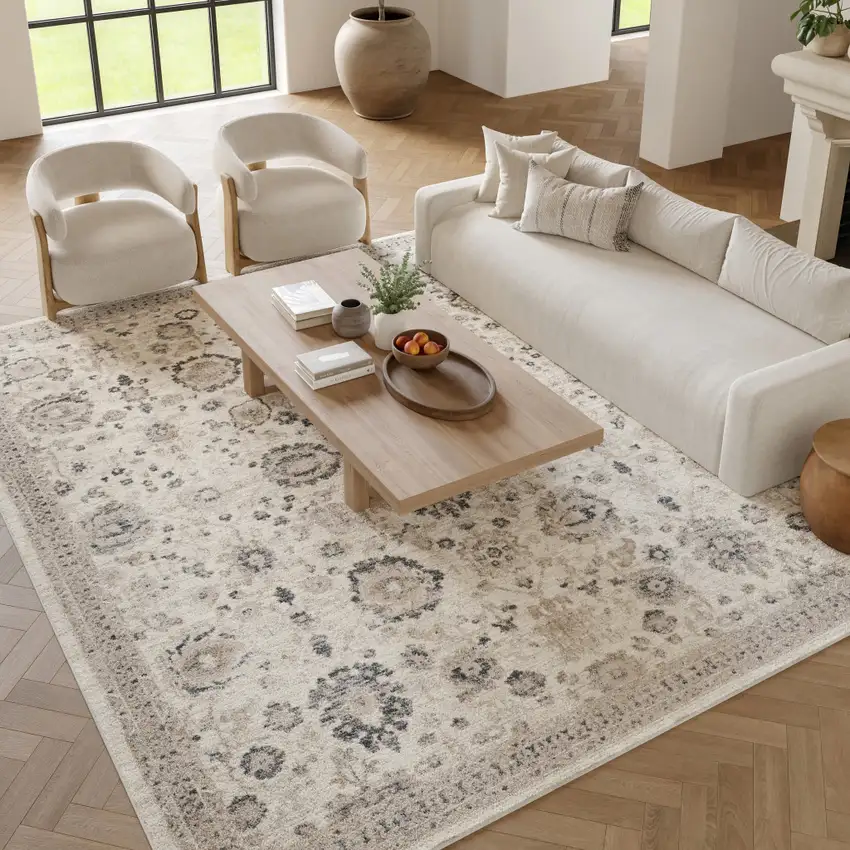 Ivory Black And Gray Floral Distressed Non Skid Area Rug Photo 7