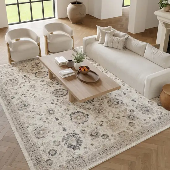 Ivory Black And Gray Floral Distressed Non Skid Area Rug Photo 7