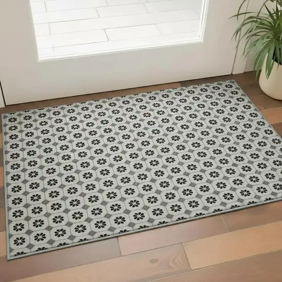 Ivory Black And Gray Geometric Washable Area Rug With UV Protection Photo 2