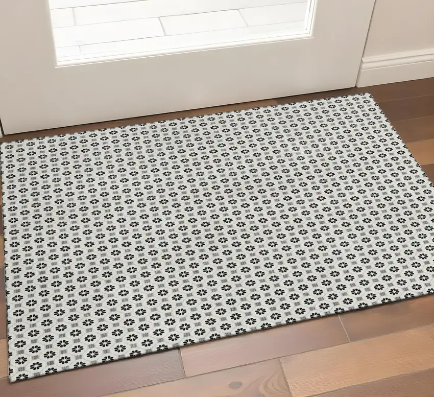 Ivory Black And Gray Geometric Washable Area Rug With UV Protection Photo 1