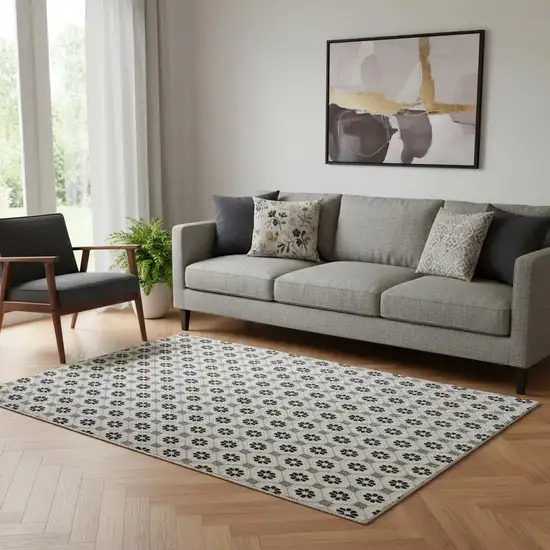 Ivory Black And Gray Geometric Washable Area Rug With UV Protection Photo 2