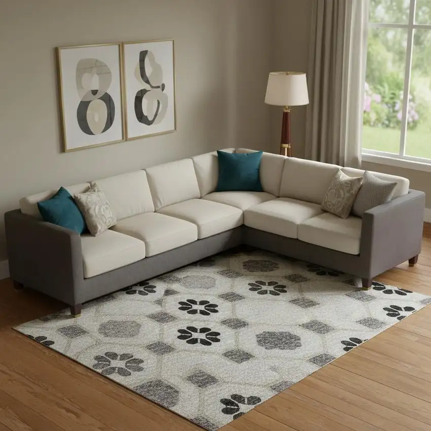 Ivory Black And Gray Geometric Washable Area Rug With UV Protection Photo 2