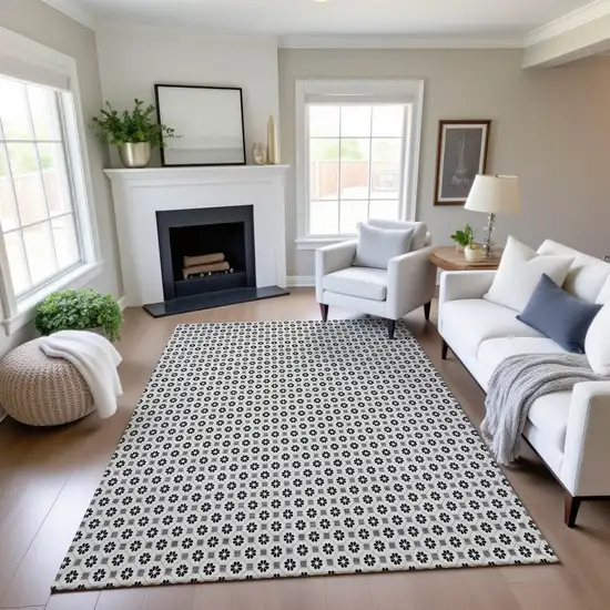 Ivory Black And Gray Geometric Washable Area Rug With UV Protection Photo 4