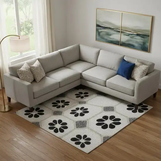 Ivory Black And Gray Geometric Washable Area Rug With UV Protection Photo 2