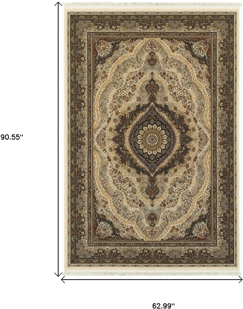 Ivory Black And Tan Medallion Area Rug With Fringe Photo 7