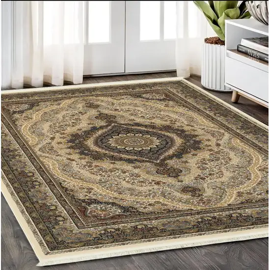 Ivory Black And Tan Medallion Area Rug With Fringe Photo 1
