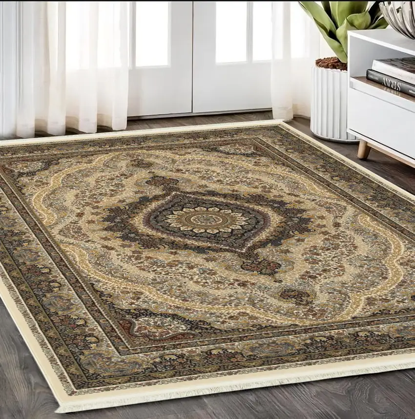 Ivory Black And Tan Medallion Area Rug With Fringe Photo 1