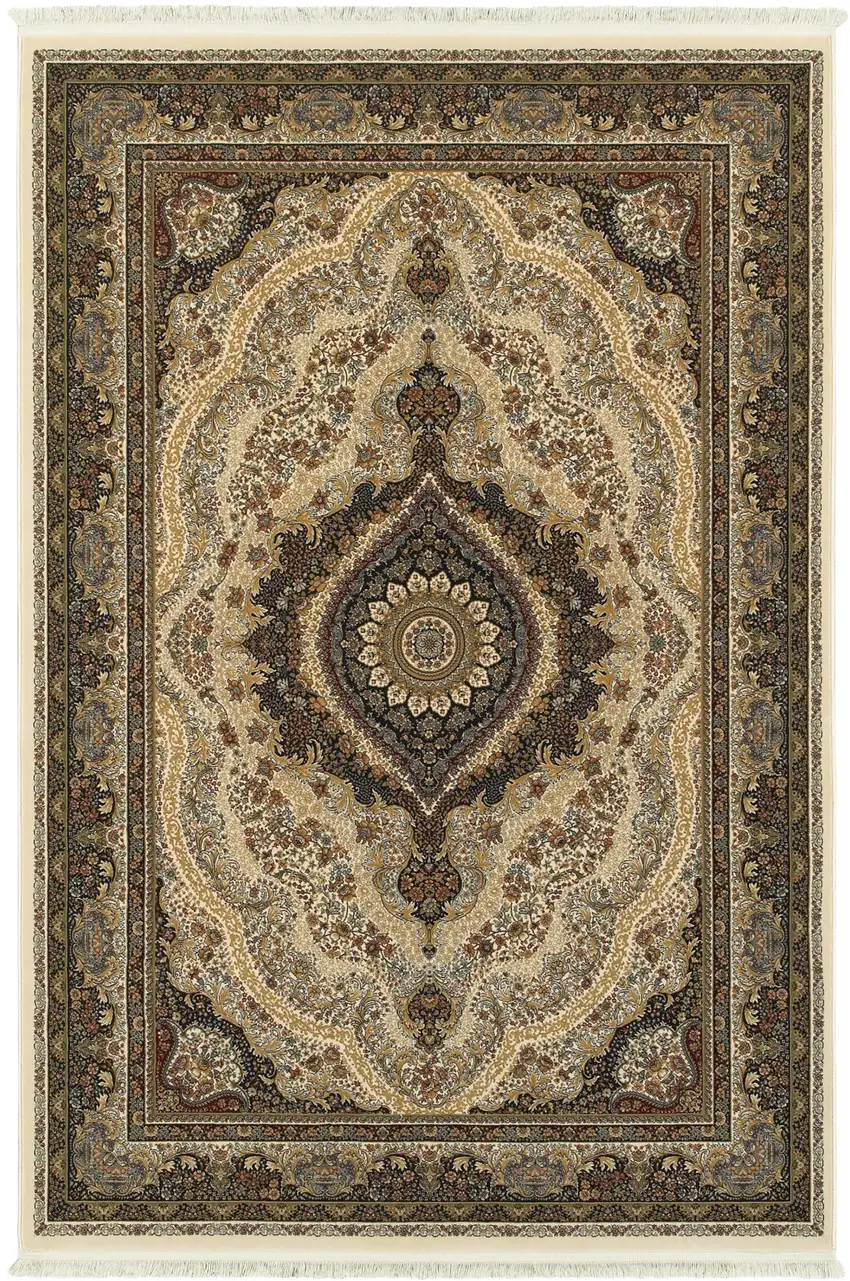 Ivory Black And Tan Medallion Area Rug With Fringe Photo 2