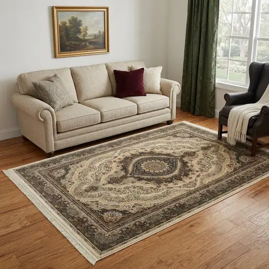 Ivory Black And Tan Medallion Area Rug With Fringe Photo 1