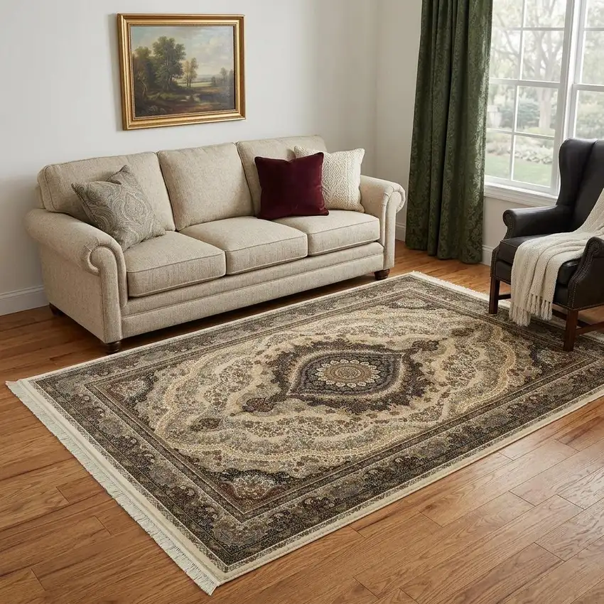 Ivory Black And Tan Medallion Area Rug With Fringe Photo 1