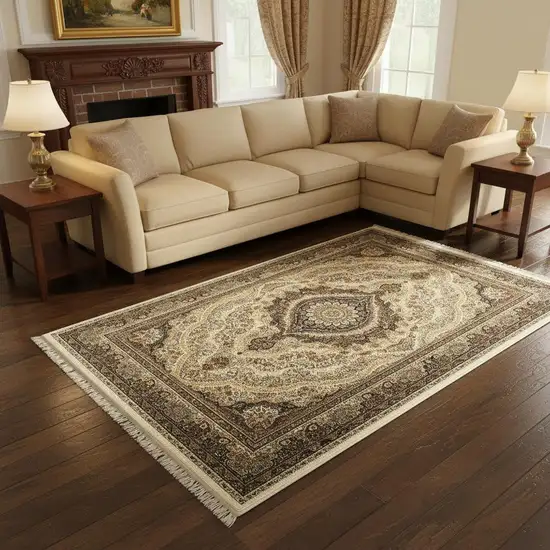 Ivory Black And Tan Medallion Area Rug With Fringe Photo 1