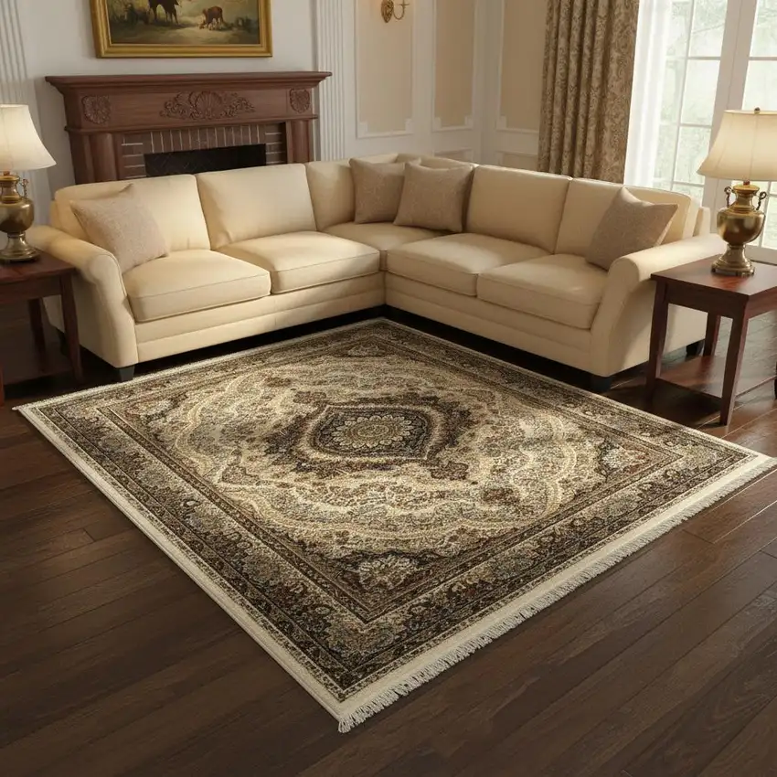 Ivory Black And Tan Medallion Area Rug With Fringe Photo 1