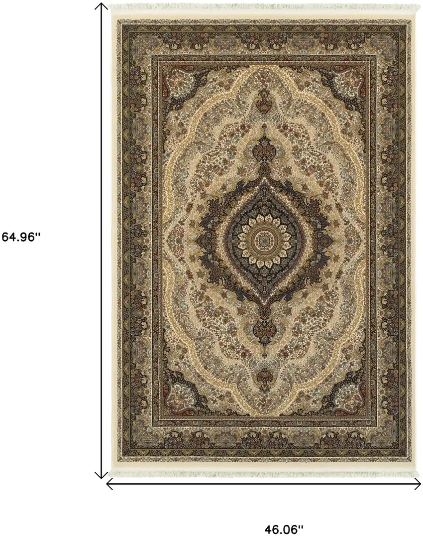 Ivory Black And Tan Medallion Area Rug With Fringe Photo 3