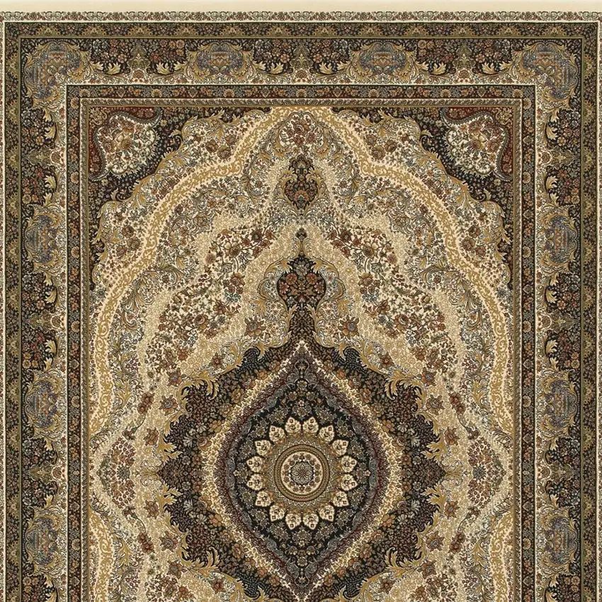 Ivory Black And Tan Medallion Area Rug With Fringe Photo 5