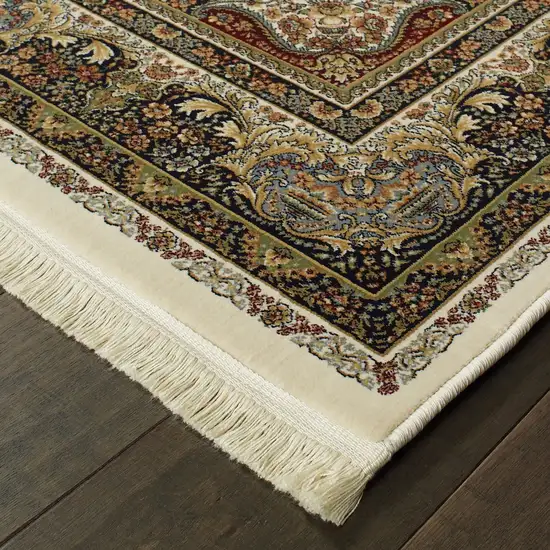 Ivory Black And Tan Medallion Area Rug With Fringe Photo 6