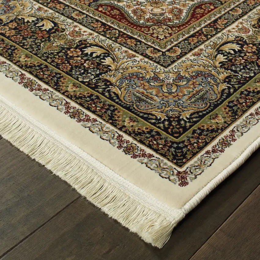Ivory Black And Tan Medallion Area Rug With Fringe Photo 6