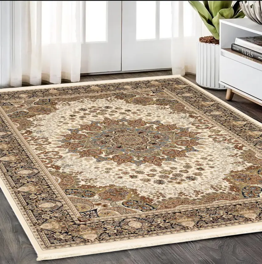 Ivory Black And Tan Medallion Area Rug With Fringe Photo 1