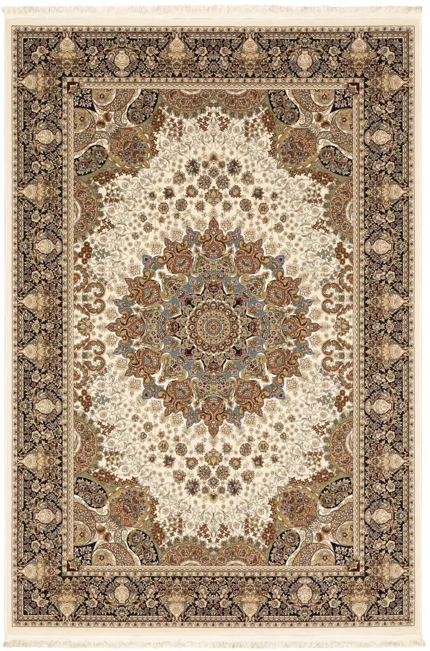 Ivory Black And Tan Medallion Area Rug With Fringe Photo 4