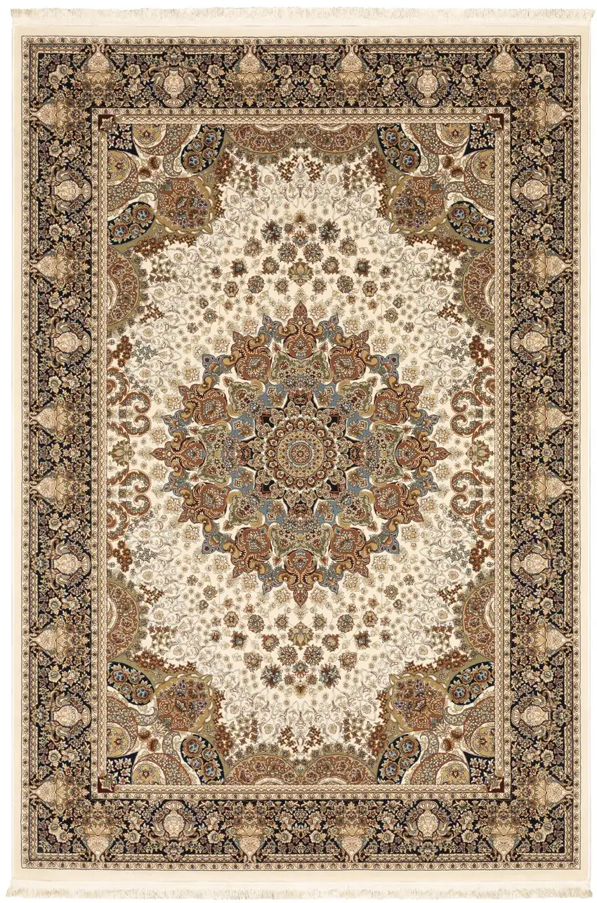 Ivory Black And Tan Medallion Area Rug With Fringe Photo 2