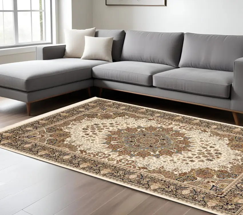 Ivory Black And Tan Medallion Area Rug With Fringe Photo 1