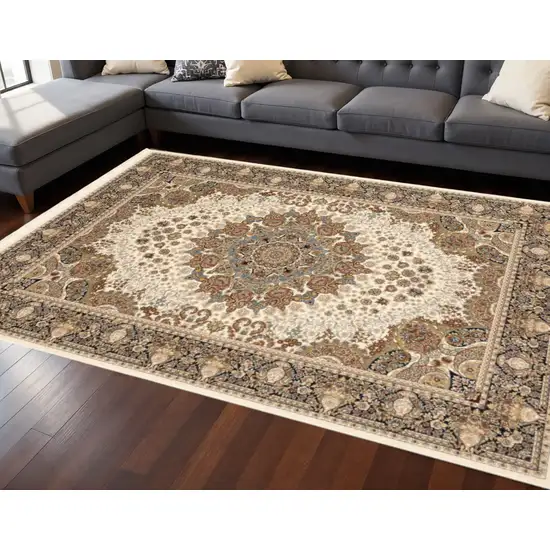 Ivory Black And Tan Medallion Area Rug With Fringe Photo 1