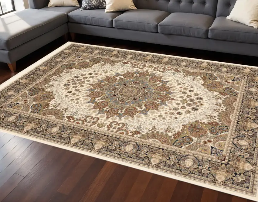 Ivory Black And Tan Medallion Area Rug With Fringe Photo 1