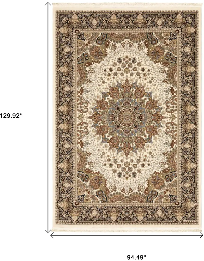 Ivory Black And Tan Medallion Area Rug With Fringe Photo 3