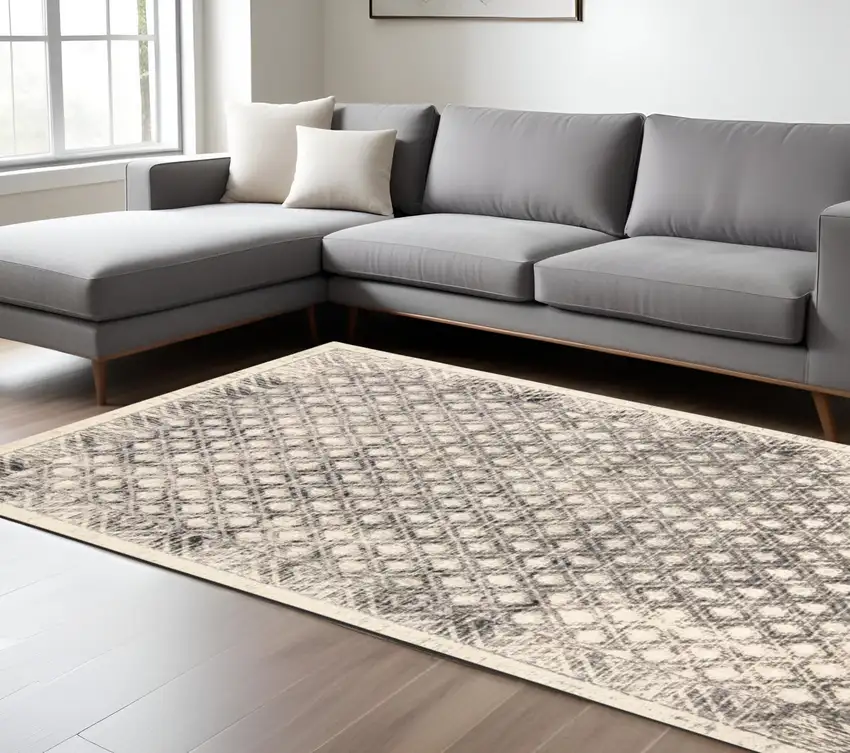 Ivory and Black Abstract Area Rug Photo 1