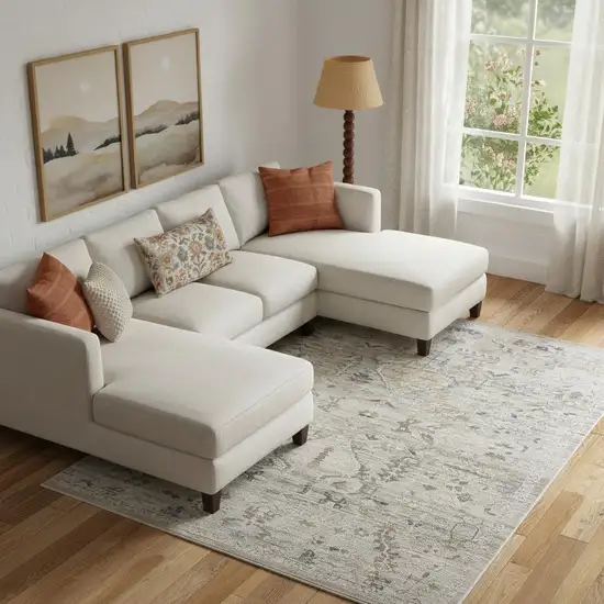 Ivory Black And Taupe Floral Area Rug With Fringe Photo 1