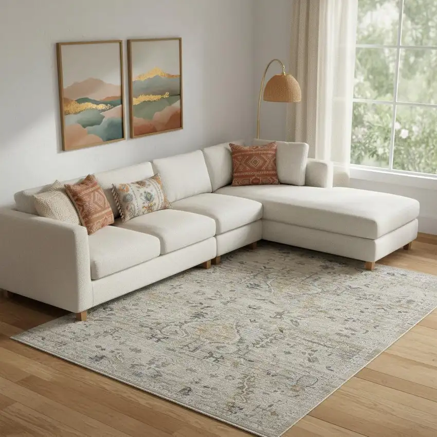 Ivory Black And Taupe Floral Distressed Area Rug With Fringe Photo 1