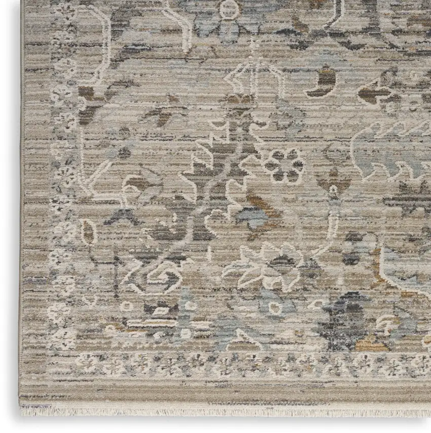 Ivory Black And Taupe Floral Distressed Area Rug With Fringe Photo 9