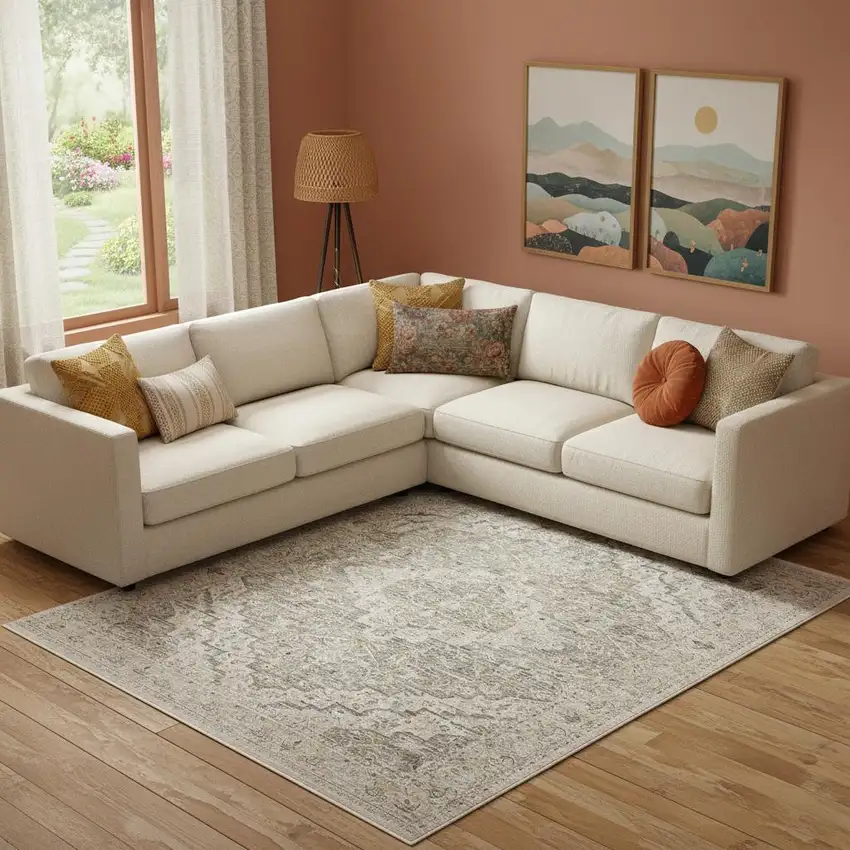 Ivory Black And Taupe Floral Distressed Area Rug With Fringe Photo 1