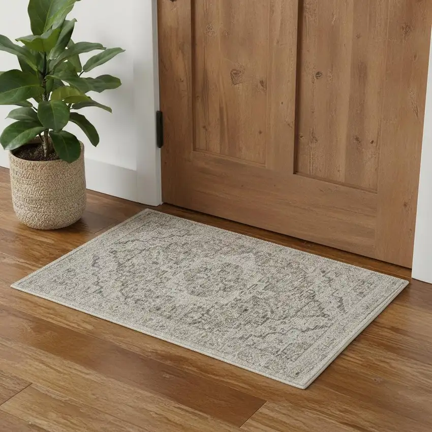 Ivory Black And Taupe Medallion Distressed Area Rug With Fringe Photo 1