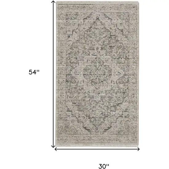 Ivory Black And Taupe Medallion Distressed Area Rug With Fringe Photo 3