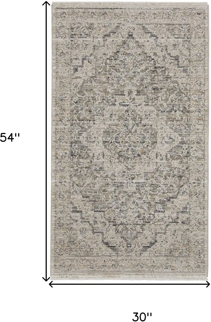 Ivory Black And Taupe Medallion Distressed Area Rug With Fringe Photo 3