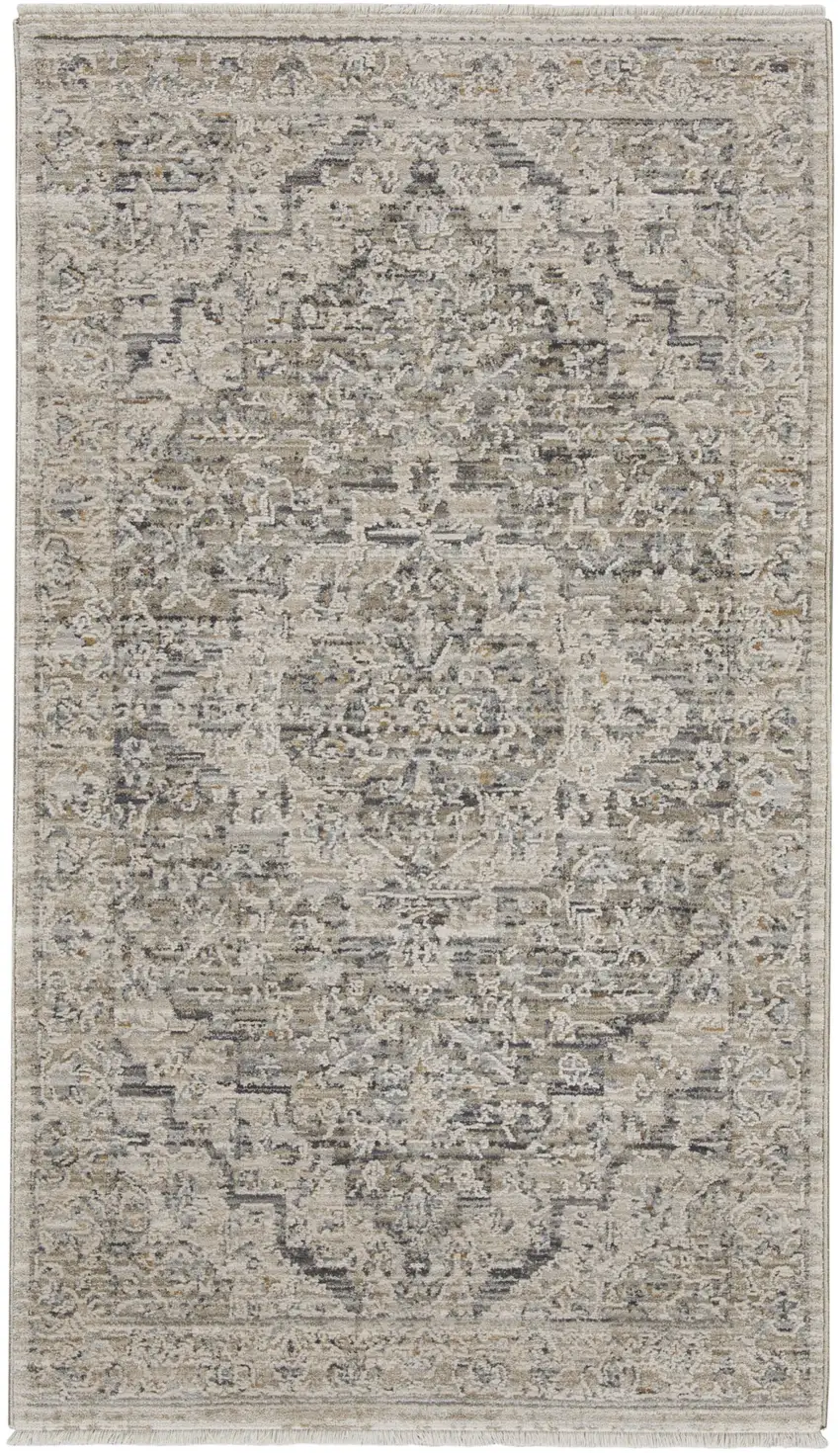 Ivory Black And Taupe Medallion Distressed Area Rug With Fringe Photo 9