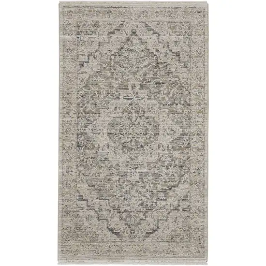 Ivory Black And Taupe Medallion Distressed Area Rug With Fringe Photo 9
