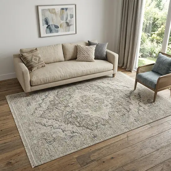 Ivory Black And Taupe Medallion Distressed Area Rug With Fringe Photo 1