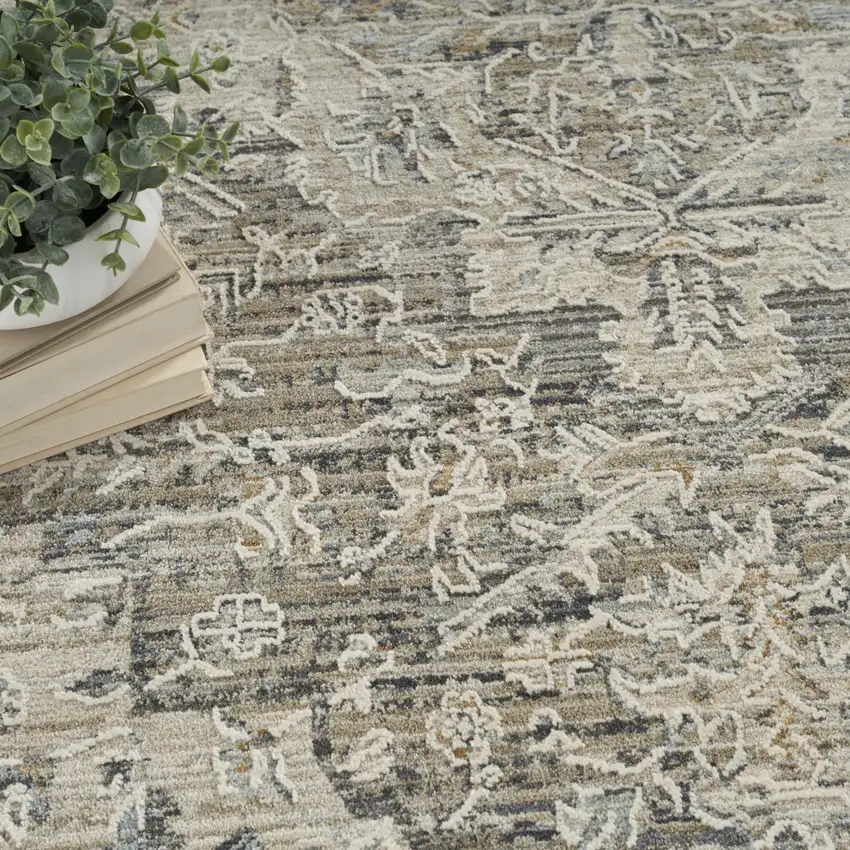 Ivory Black And Taupe Medallion Distressed Area Rug With Fringe Photo 9