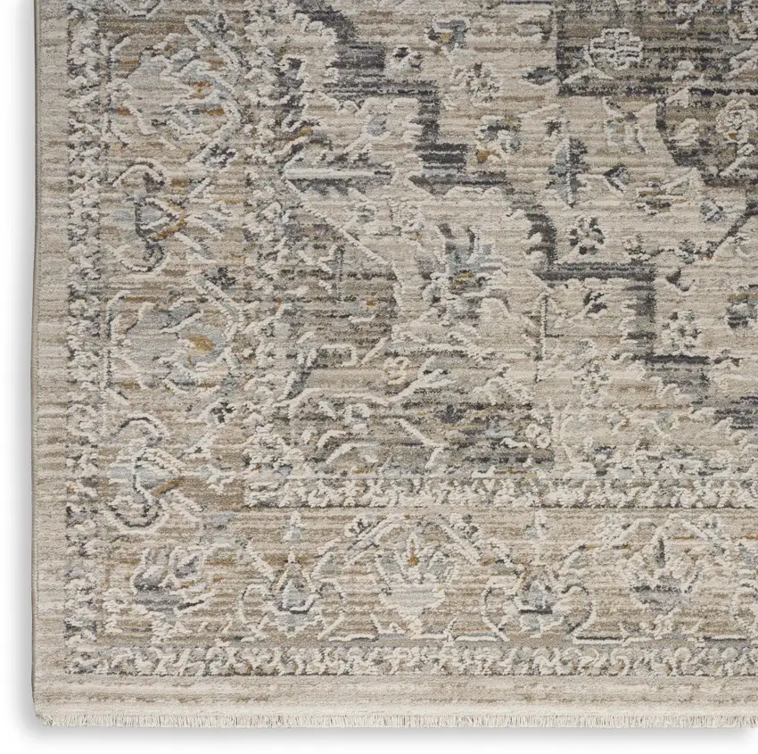 Ivory Black And Taupe Medallion Distressed Area Rug With Fringe Photo 9