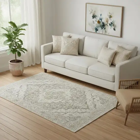 Ivory Black And Taupe Medallion Distressed Area Rug With Fringe Photo 1