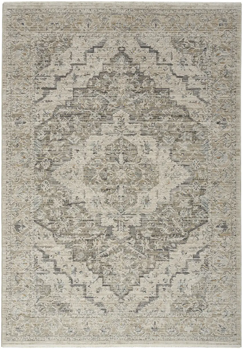 Ivory Black And Taupe Medallion Distressed Area Rug With Fringe Photo 2