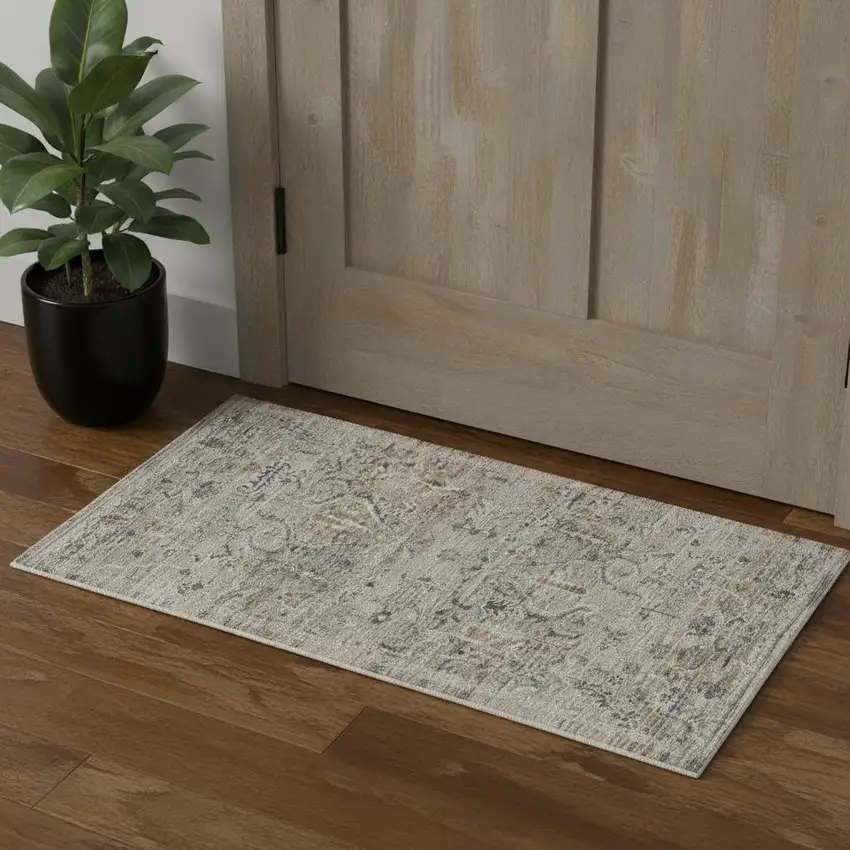 Ivory Black And Taupe Oriental Distressed Area Rug With Fringe Photo 1