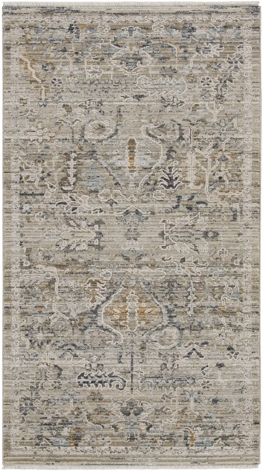 Ivory Black And Taupe Oriental Distressed Area Rug With Fringe Photo 9