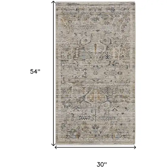 Ivory Black And Taupe Oriental Distressed Area Rug With Fringe Photo 3