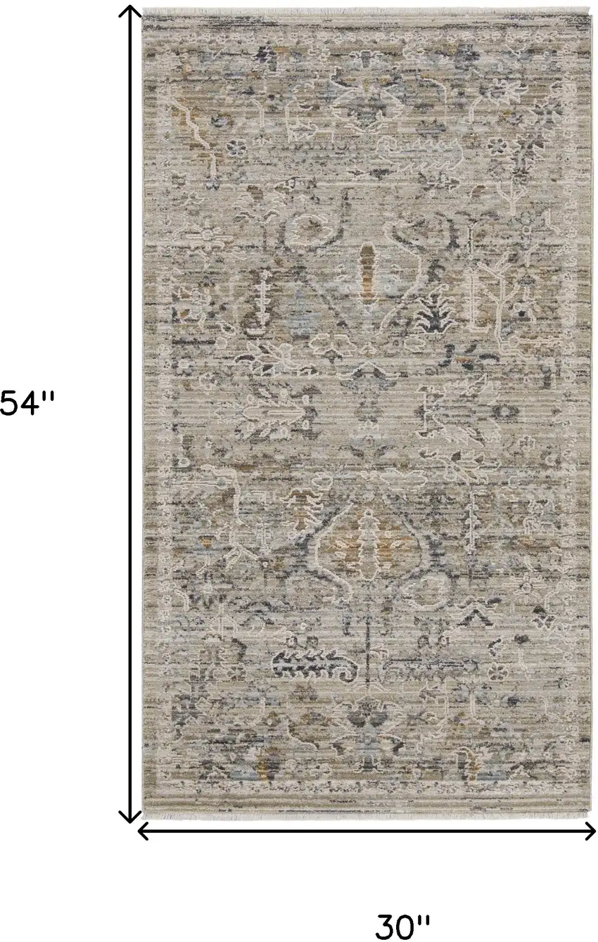 Ivory Black And Taupe Oriental Distressed Area Rug With Fringe Photo 3