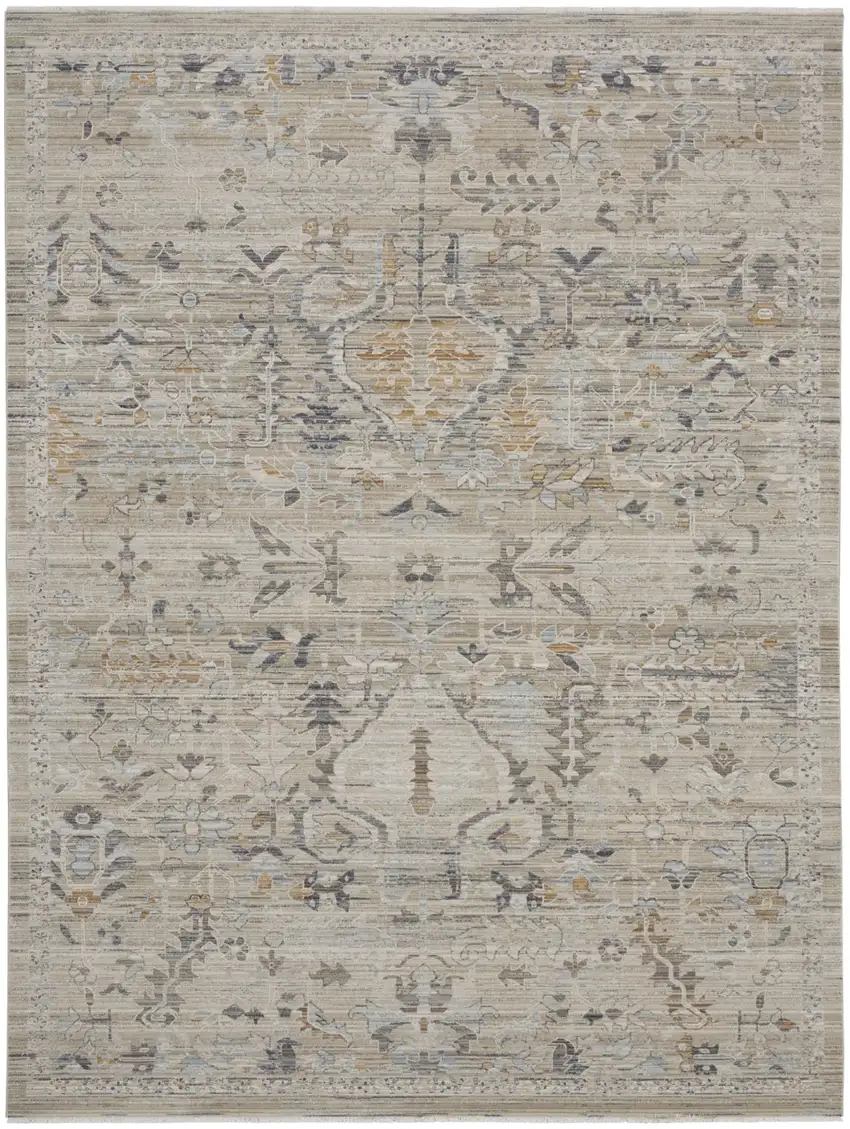 Ivory Black And Taupe Oriental Distressed Area Rug With Fringe Photo 2