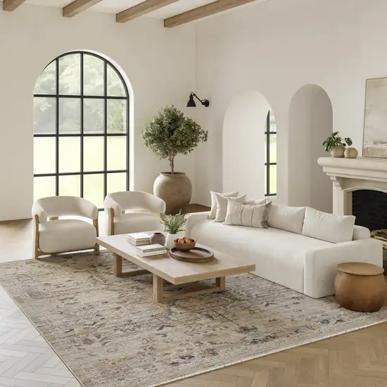 Ivory Black And Taupe Oriental Distressed Area Rug With Fringe Photo 5