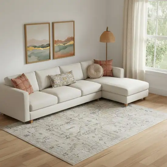 Ivory Black And Taupe Oriental Distressed Area Rug With Fringe Photo 1