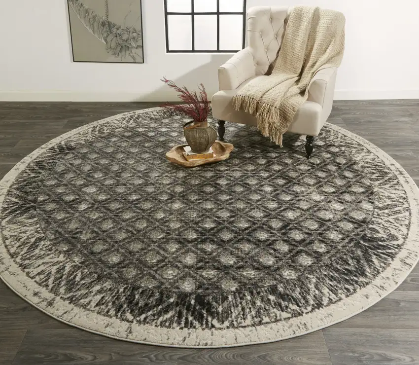 Ivory Black And Taupe Round Abstract Stain Resistant Area Rug Photo 5